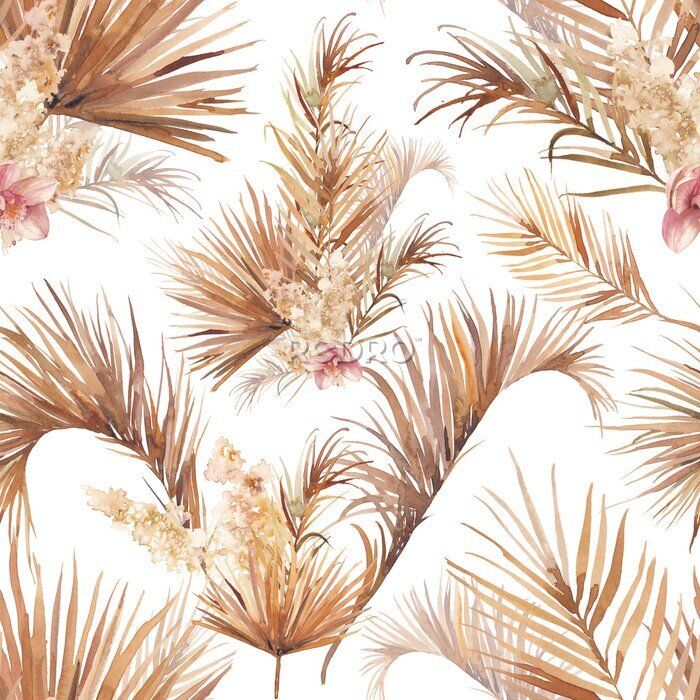 Behang Palm tree leaves texture with orchid. Seamless pattern with floral watercolor illustrations. Exotic floral ornate on white background.
