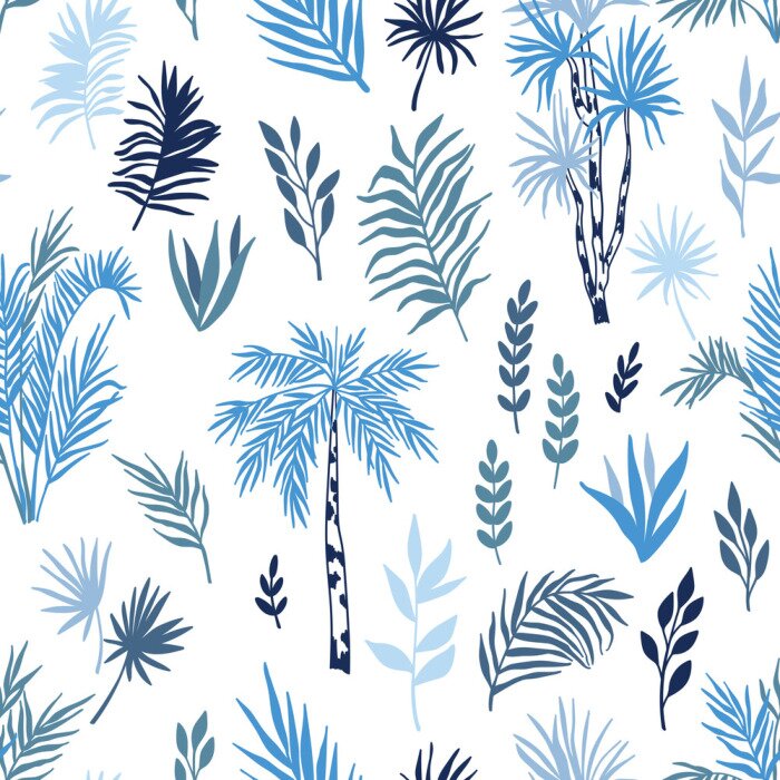 Behang Palmbomen - bladeren in blauwtinten