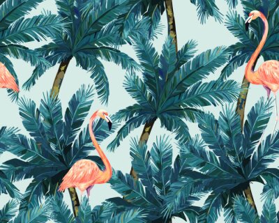 Palmbomen en flamingo's