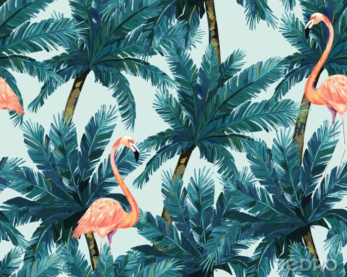 Behang Palmbomen en flamingo's