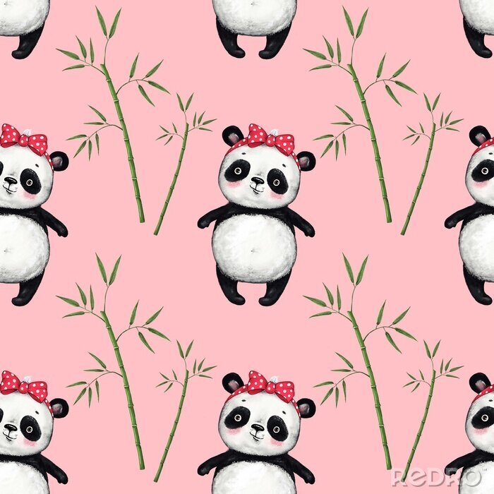 Behang Panda en bamboe bladeren op een roze achtergrond