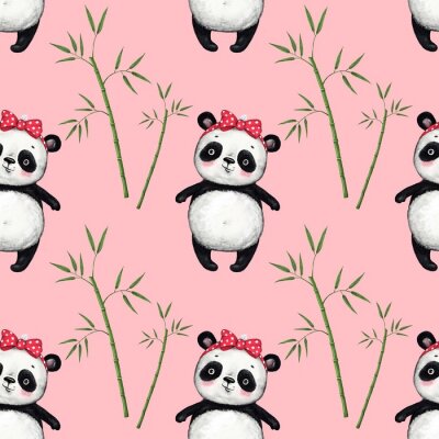Behang Panda en bamboe bladeren op een roze achtergrond