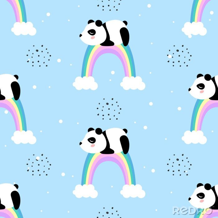 Behang Panda op een kleurrijke regenboog