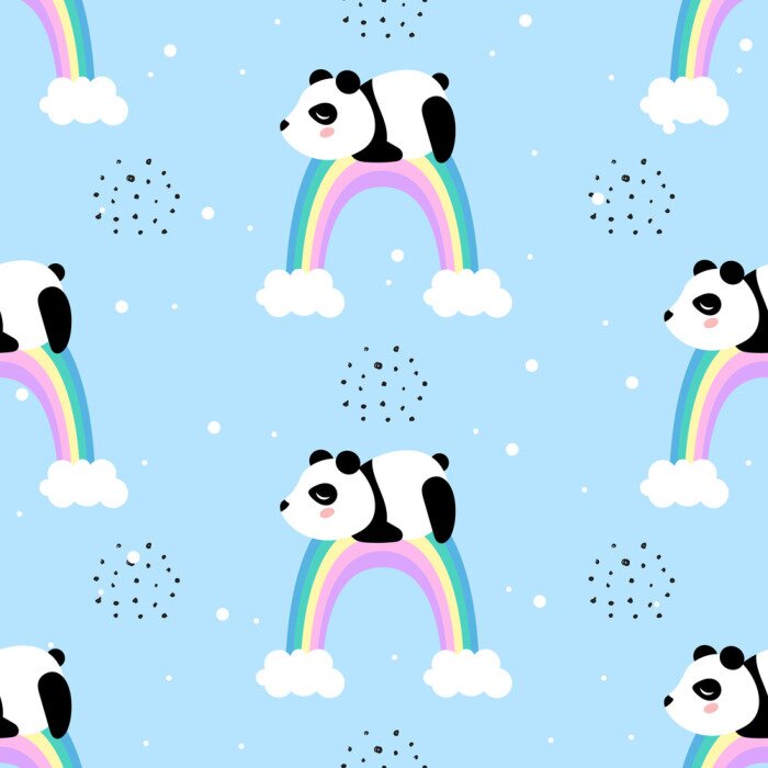 Behang Panda op een kleurrijke regenboog