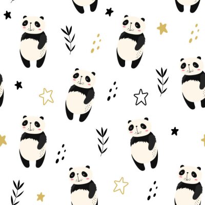 Behang Panda op sterrenhemel achtergrond in Scandinavische stijl