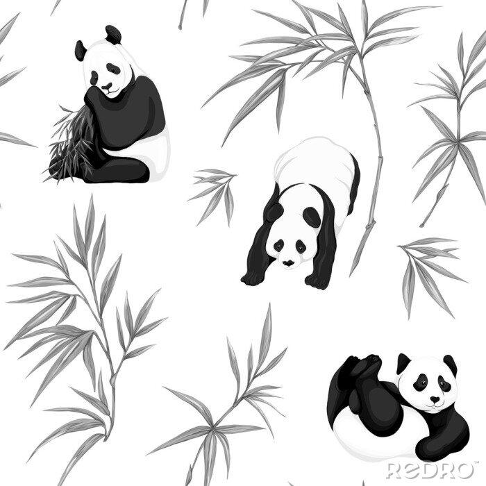Behang Panda's en bamboe twijgen zwart-wit naadloos patroon