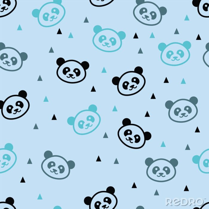 Behang Panda's en driehoeken op een blauwe achtergrond
