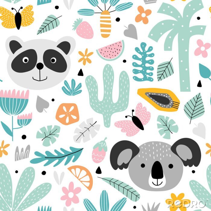 Behang Panda's en koala's tussen exotische planten