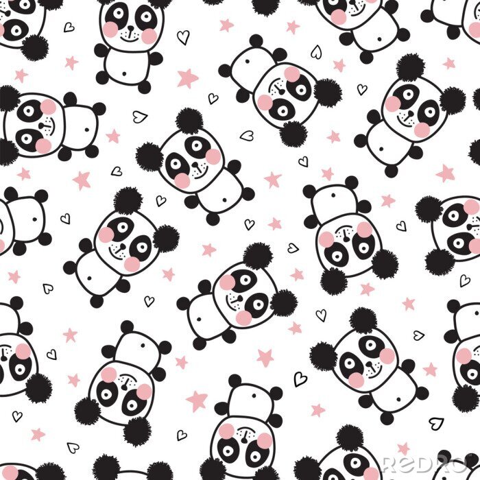 Behang Panda's en roze sterren voor kinderen