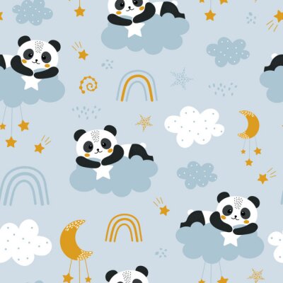 Behang Panda's liggen op wolken