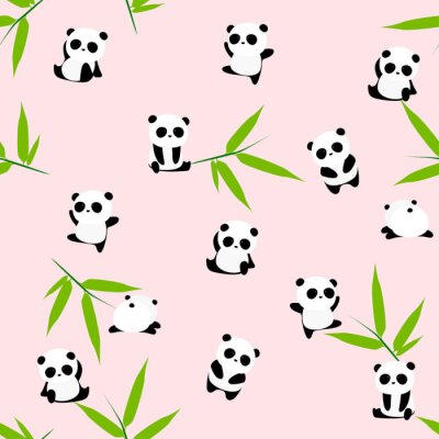 Behang Panda's met bamboe op een roze achtergrond