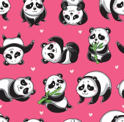 Behang Panda's met bamboe op een roze achtergrond