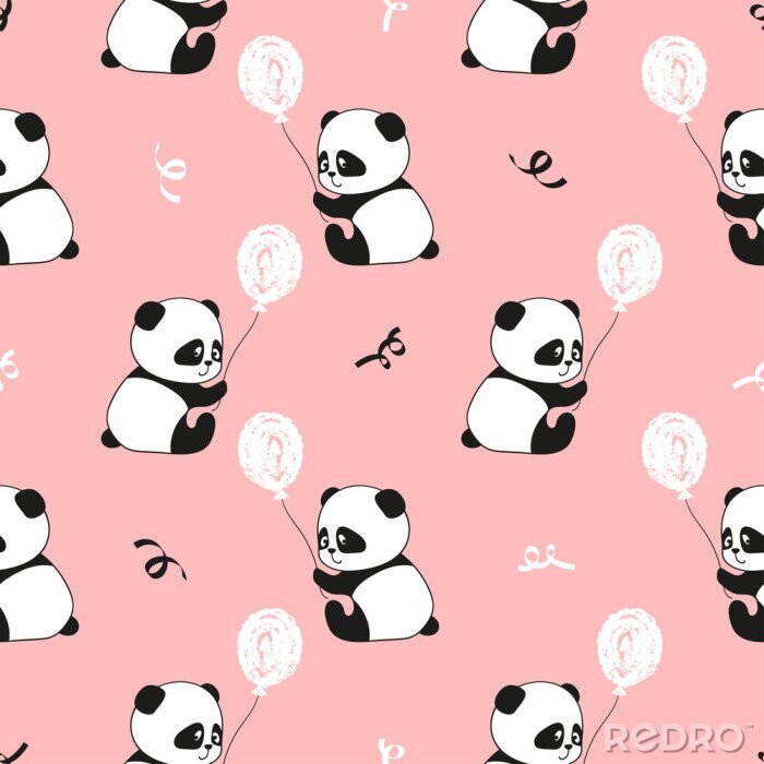 Behang Panda's met een ballon op een roze achtergrond