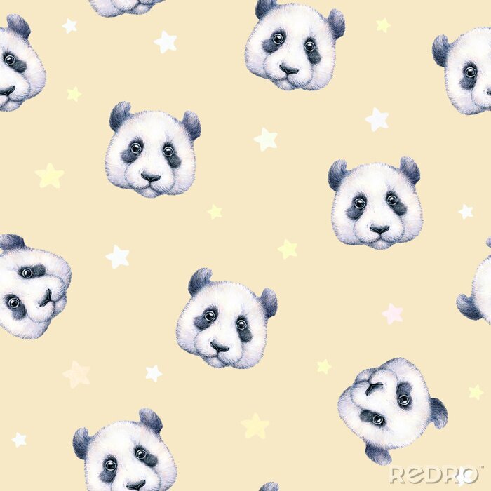Behang Panda's op beige achtergrond. Naadloos patroon. Waterverftekening. De illustratie van kinderen. handenarbeid
