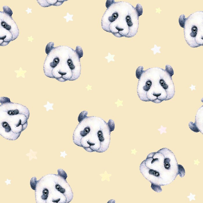 Behang Panda's op beige achtergrond. Naadloos patroon. Waterverftekening. De illustratie van kinderen. handenarbeid