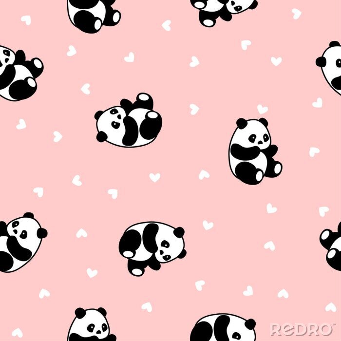 Behang Panda's op een roze achtergrond met hartjes
