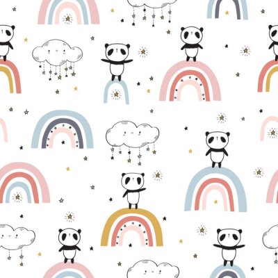 Behang Panda's op kleurrijke regenbogen tussen de wolken