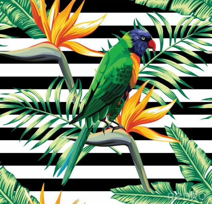 Behang papegaai en exotische bloemen patroon
