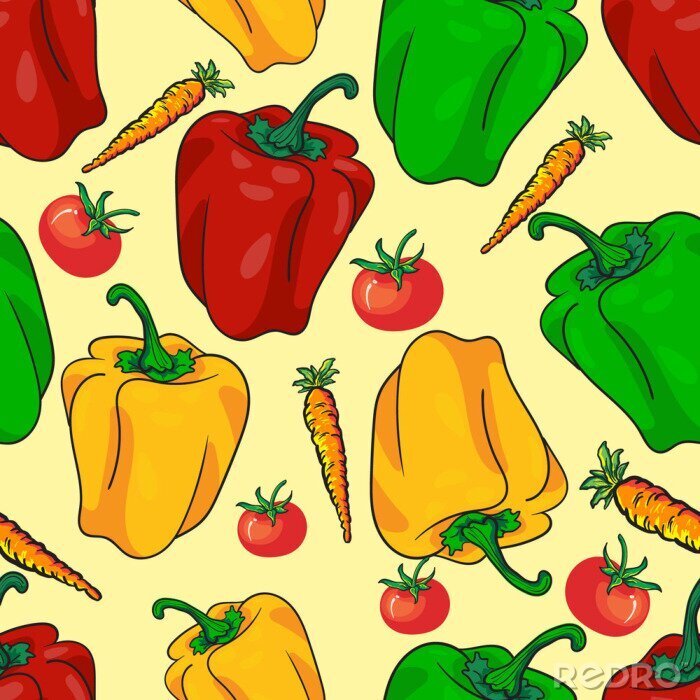 Behang Paprika's, tomaten en wortelen op een gele achtergrond