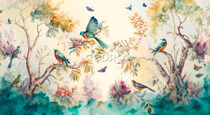 Behang Paradijstuin van kleurrijke vogels