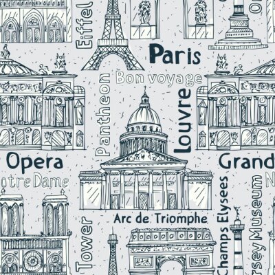 Parijs bezienswaardigheden naadloze vector patroon. hand getekende achtergrond