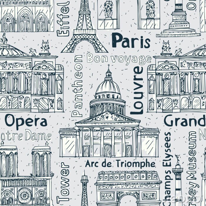 Behang Parijs bezienswaardigheden naadloze vector patroon. hand getekende achtergrond