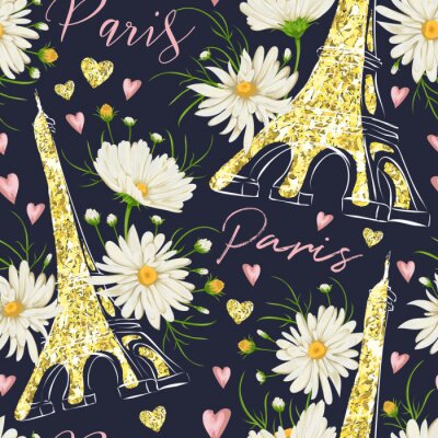 Behang Parijs. Vintage naadloos patroon met de Eiffeltoren, harten met gouden glitterfolie textuur en kamille bloemen. Retro handgetekende vectorillustratie.