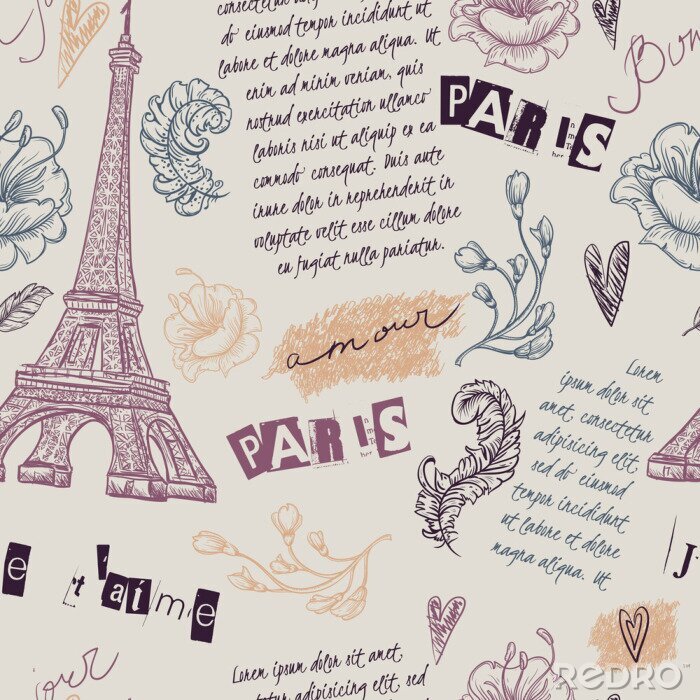 Behang Parijs. Vintage naadloze patroon met Eiffeltoren, bloemen, veren en tekst. Retro hand getekende vector illustratie.