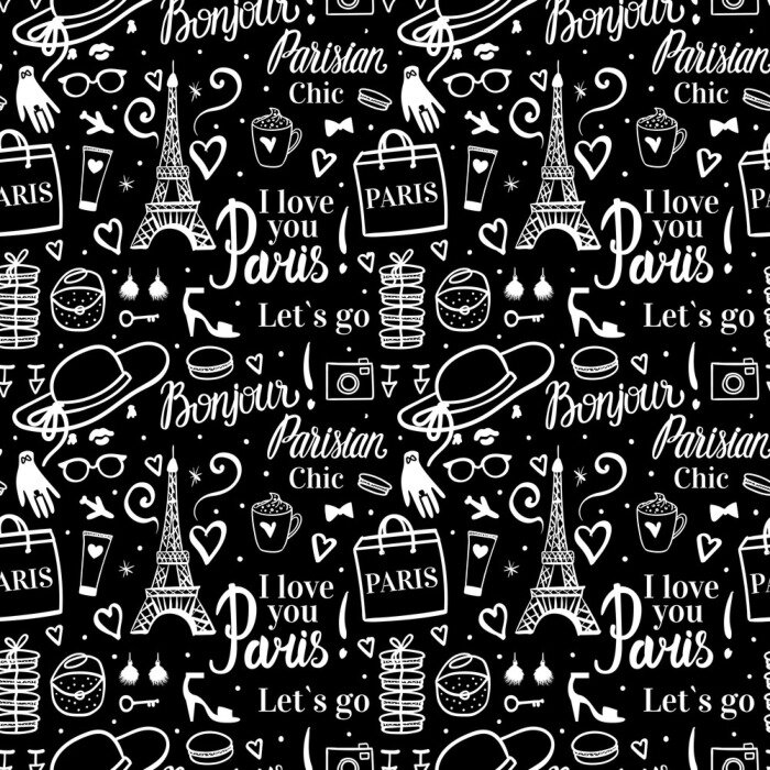 Behang Parijs winkelen wit en zwart naadloze patroon. Eiffeltoren vrouwentoeristentour met een winkelconcept. Elegante hand getrokken stijl.