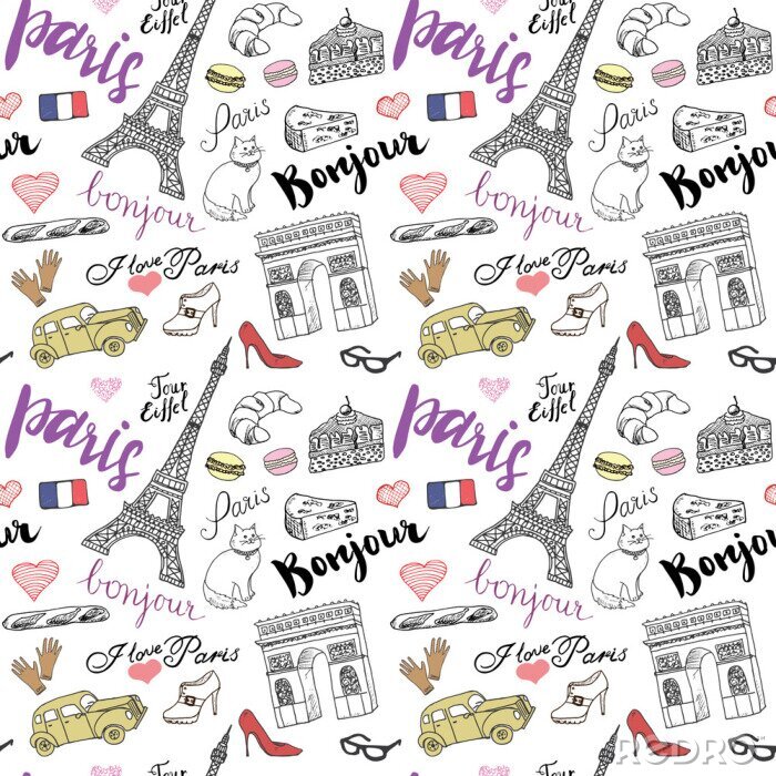 Behang Paris naadloze patroon met de hand getrokken schets elementen - Eiffeltoren triumf boog, mode-items. Tekening doodle vector illustratie, geïsoleerd op wit
