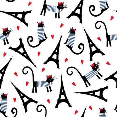 Behang Paris symbolen naadloos patroon. Leuke cartoon Parijse kat en tour Eiffel vector illustratie. Romantische reizen in Parijs. Franse stijl gekleed kat met rode baret en een gestreepte jurk.