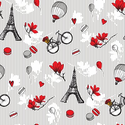 Behang Paris symbols seamless pattern. Romantic travel in Paris. Magnolia blossom, eiffel tower, bicycle, balloons.