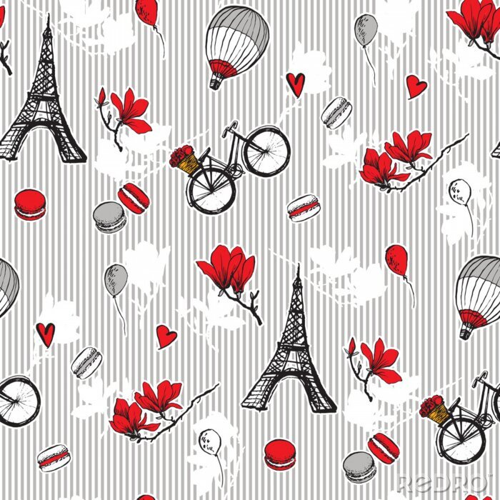 Behang Paris symbols seamless pattern. Romantic travel in Paris. Magnolia blossom, eiffel tower, bicycle, balloons.