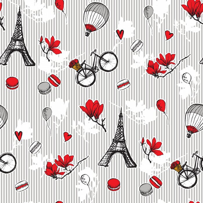 Behang Paris symbols seamless pattern. Romantic travel in Paris. Magnolia blossom, eiffel tower, bicycle, balloons.