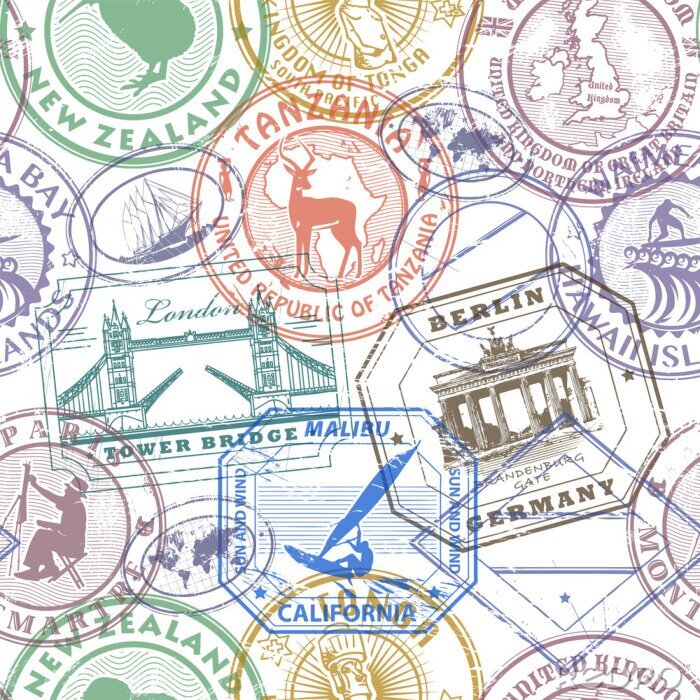 Behang Passport stamps background - set seamless pattern