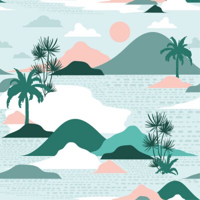 Behang Pastel and sweet  silhouette of palm tree,beach,mountain on modern paper cut style seamless pattern vector design for fashion,fabric,and all prints