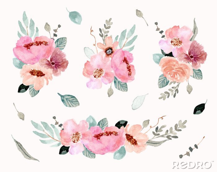 Behang Pastel floristische illustraties op een witte achtergrond