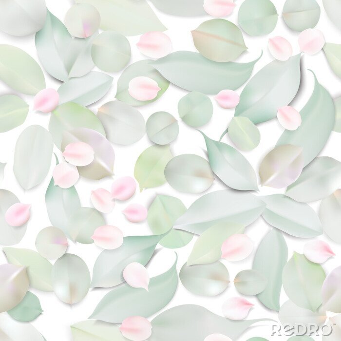 Behang Pastel groene bladeren en bloemblaadjes van een roze roos