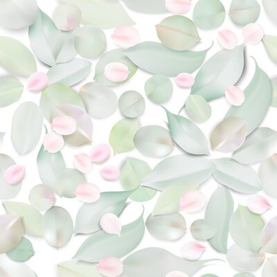 Behang Pastel groene bladeren en bloemblaadjes van een roze roos