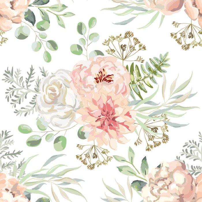 Behang Pastel pioenrozen en rozen aquarel tekenen