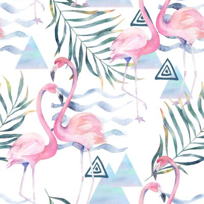Behang Pastelkleur flamingo's en bladeren op witte achtergrond