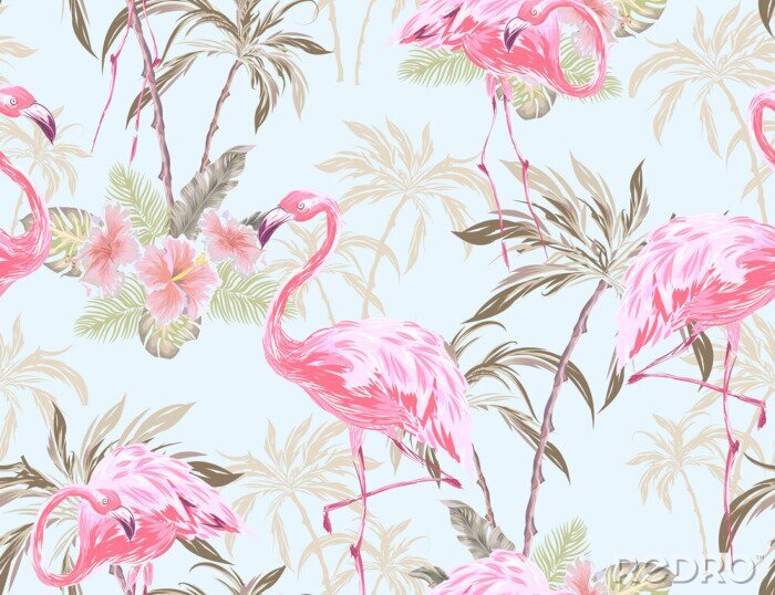 Behang Pastelkleurige flamingo's en tropische planten