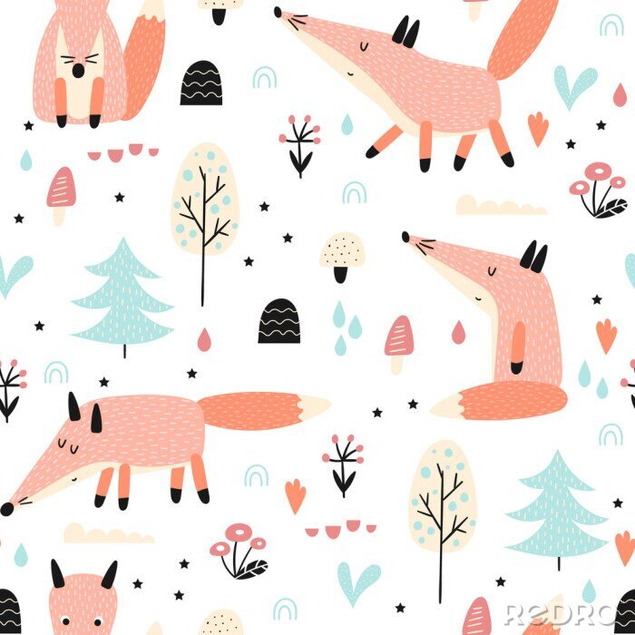 Behang Pastelkleurige vossen in een bos