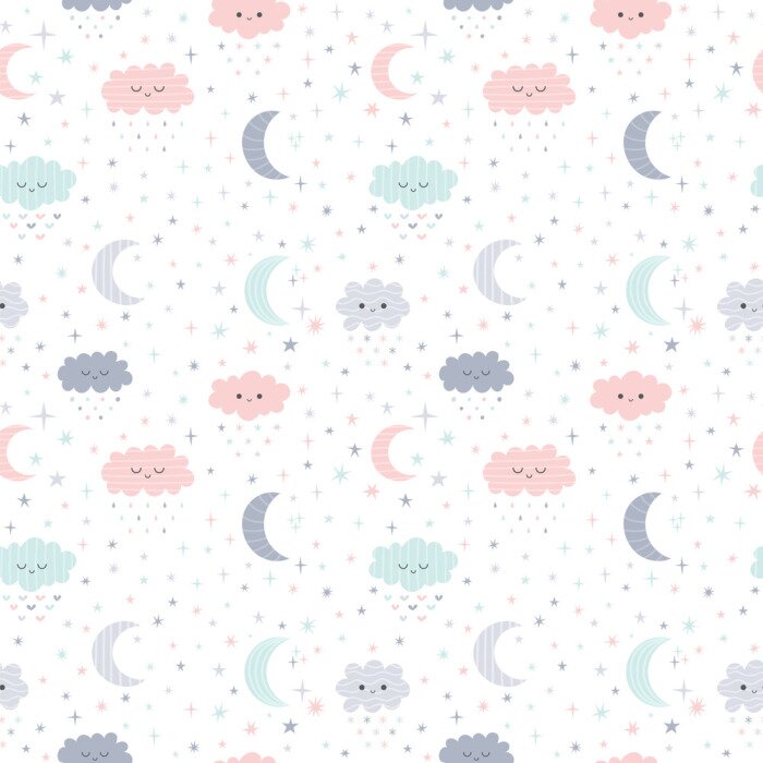 Behang Pastelkleurige wolken sterren en manen