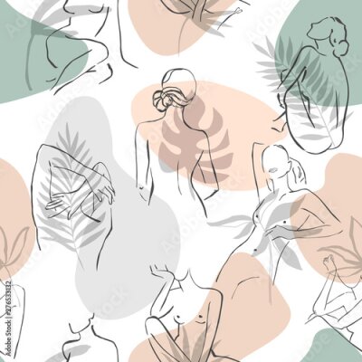 Pastelpatroon met silhouetten van vrouwen en bladeren