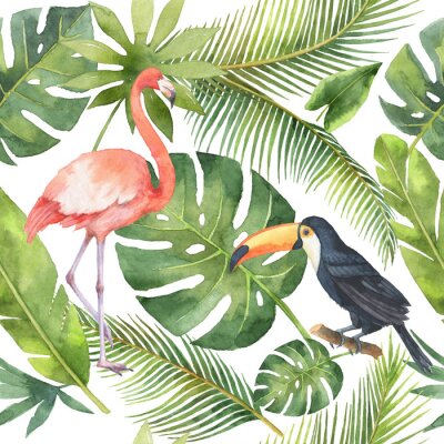 Behang Patroon in toekans en flamingo's op een achtergrond van groene bladeren