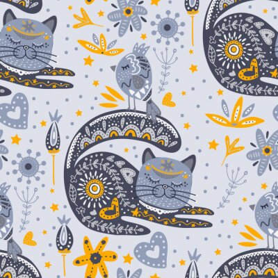 Behang Patroon katten en vogels