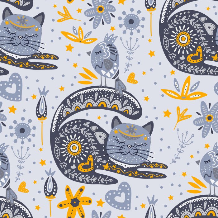 Behang Patroon katten en vogels