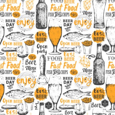 Behang Patroon met bier, cider en een hapje in schets stijl.