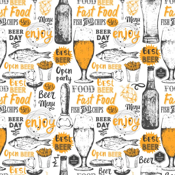 Behang Patroon met bier, cider en een hapje in schets stijl.